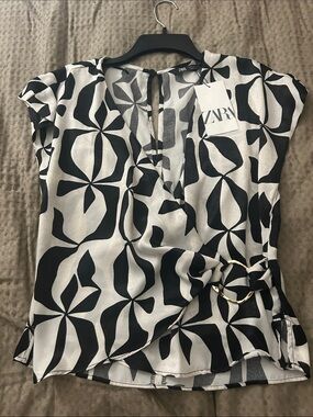 Zara Black and White Geometric Ring-Detail Wrap Blouse